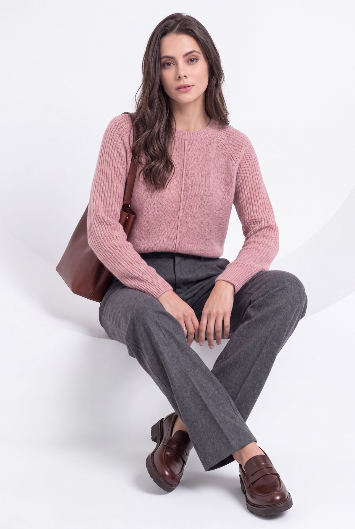 Crew neck sweater, long ribbed sleeves, 2-ply – Pink dust – Assuili