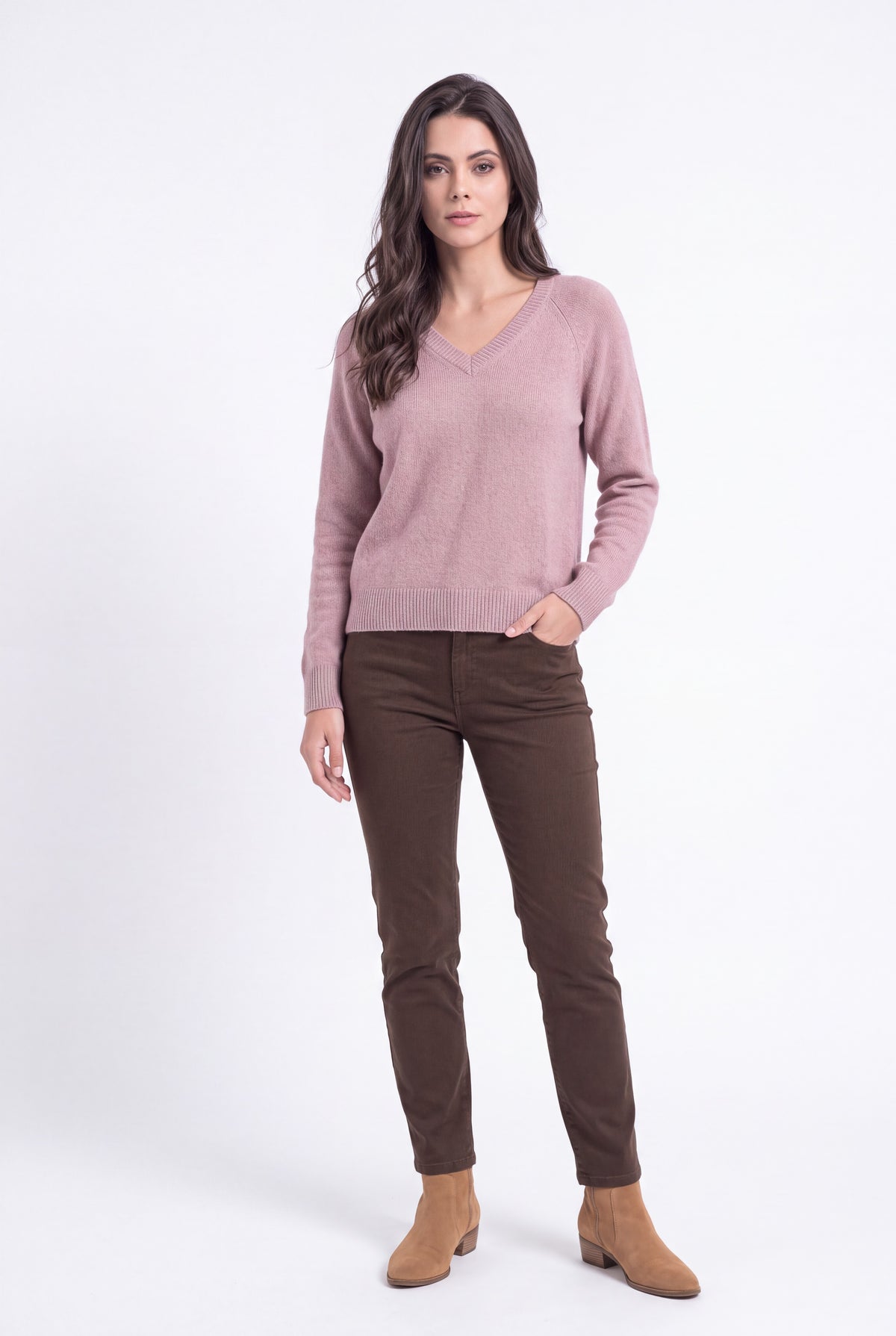 Pull col V manches raglan – Vieux rose – Assuili