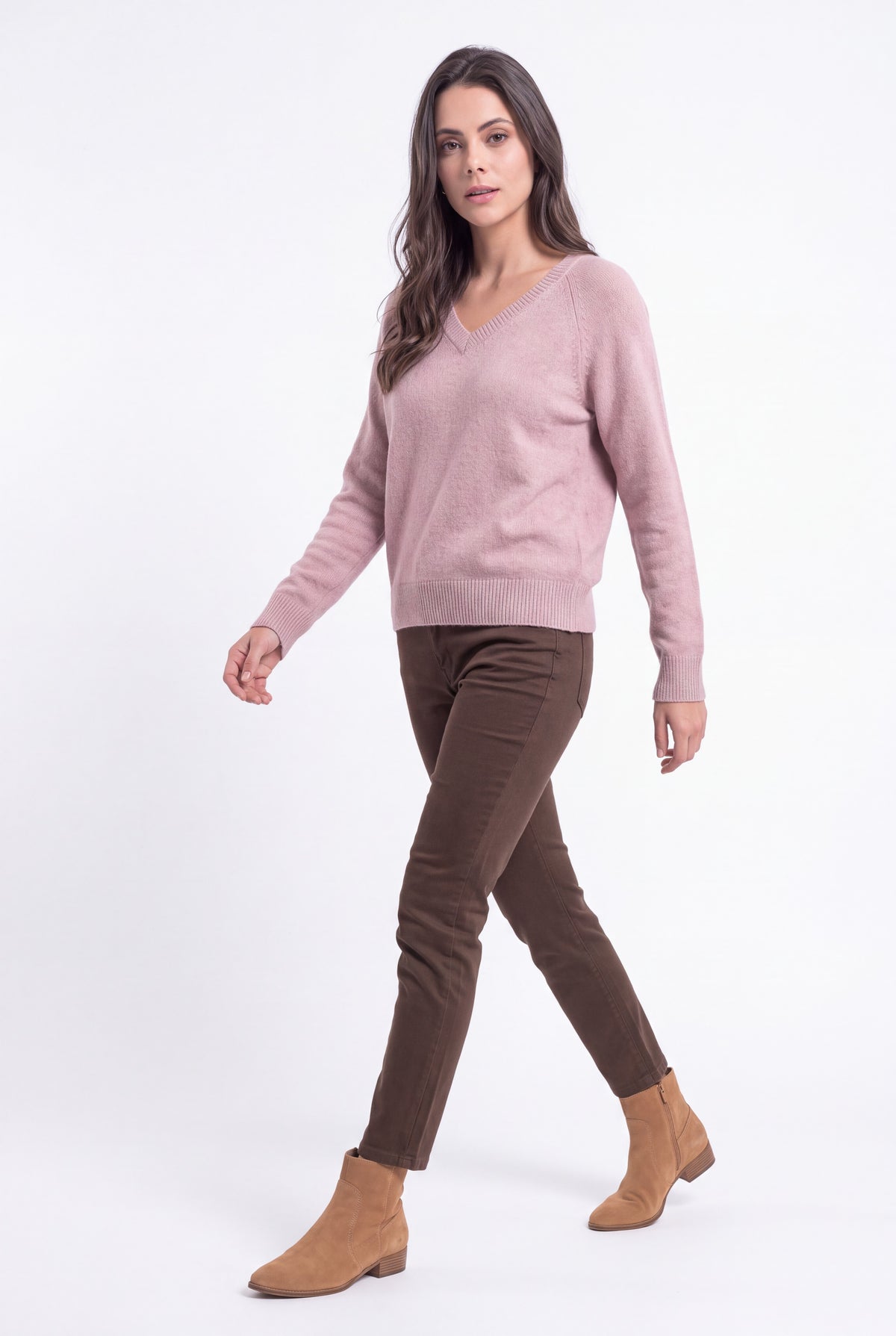 Pull col V manches raglan – Vieux rose – Assuili