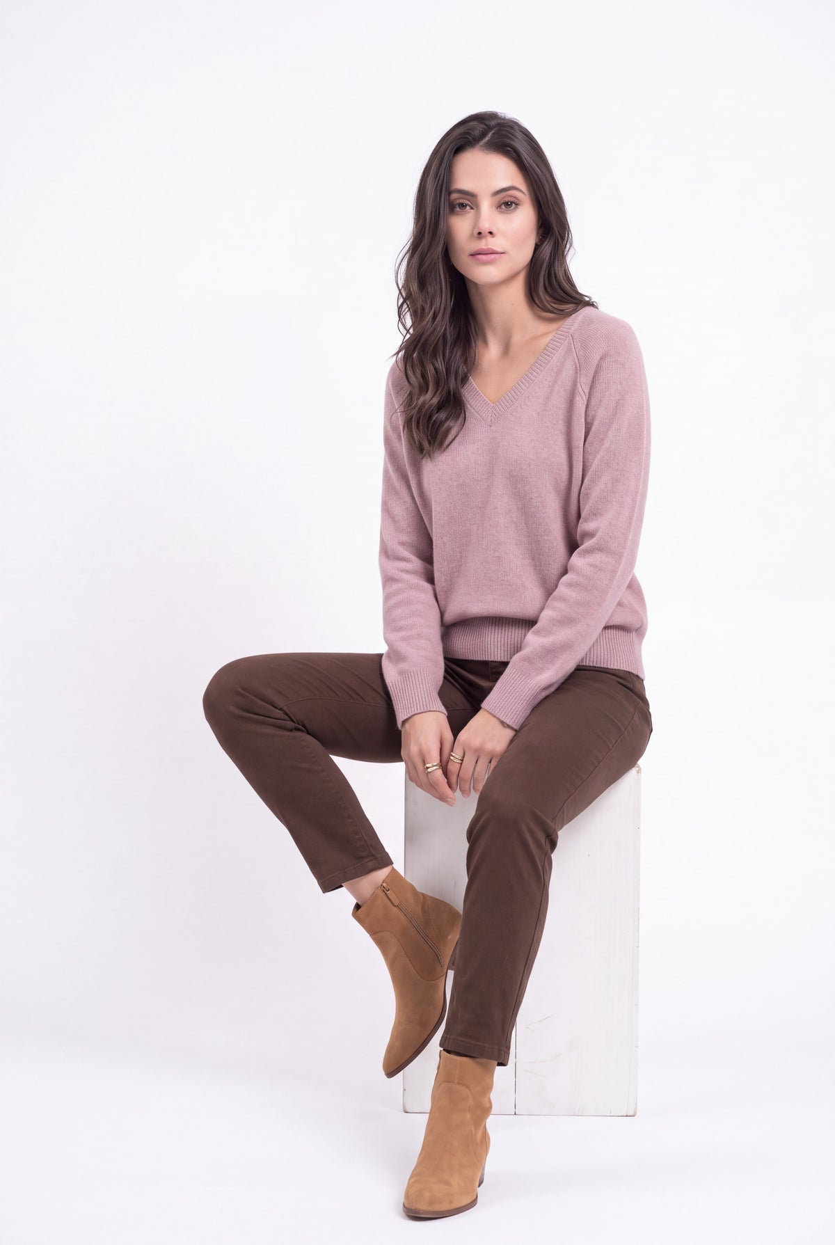 Pull col V manches raglan – Vieux rose – Assuili