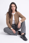 Two-tone, double-neck cardigan with long sleeves – Camel – Assuili