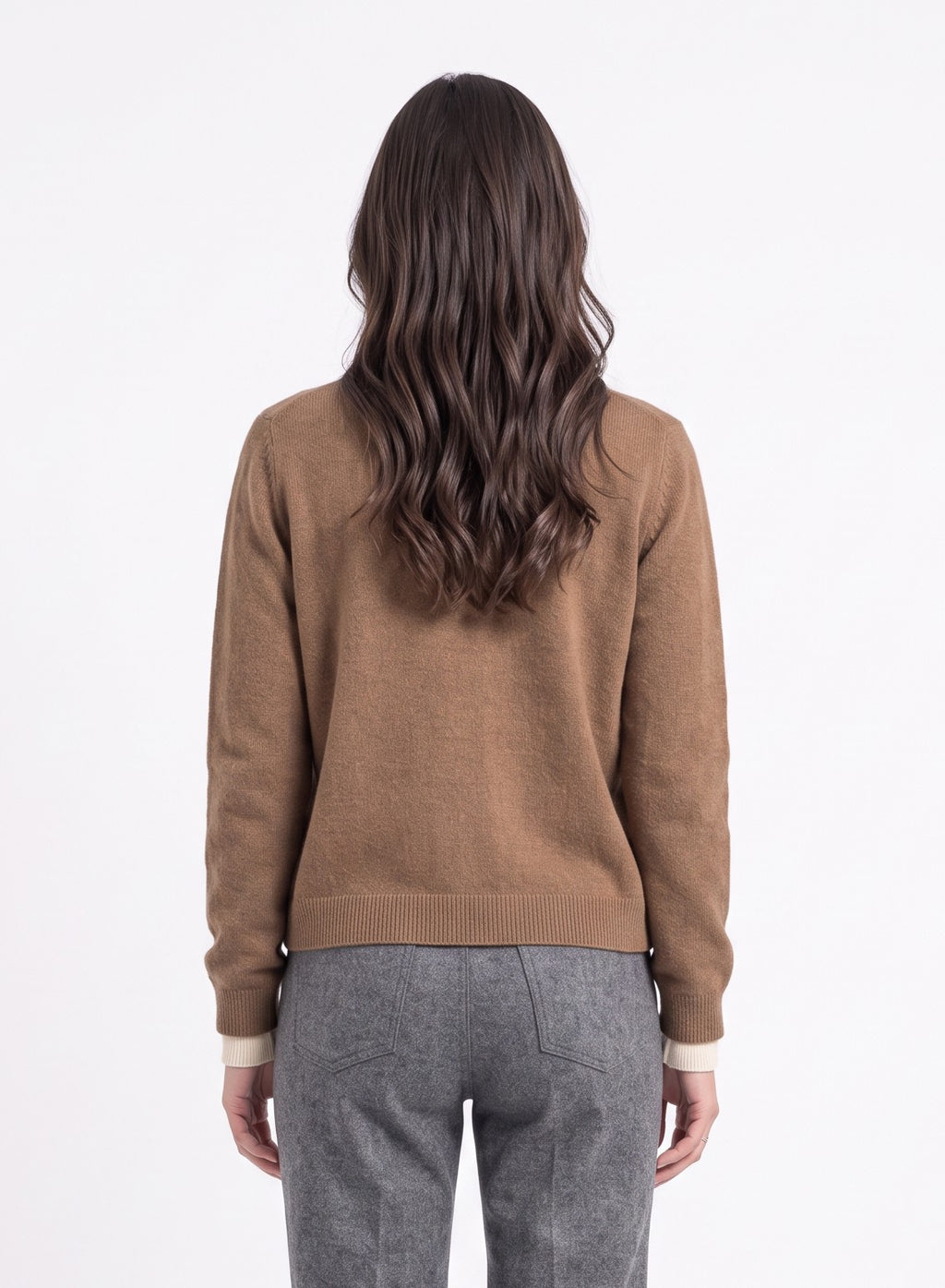 Two-tone, double-neck cardigan with long sleeves – Camel – Assuili