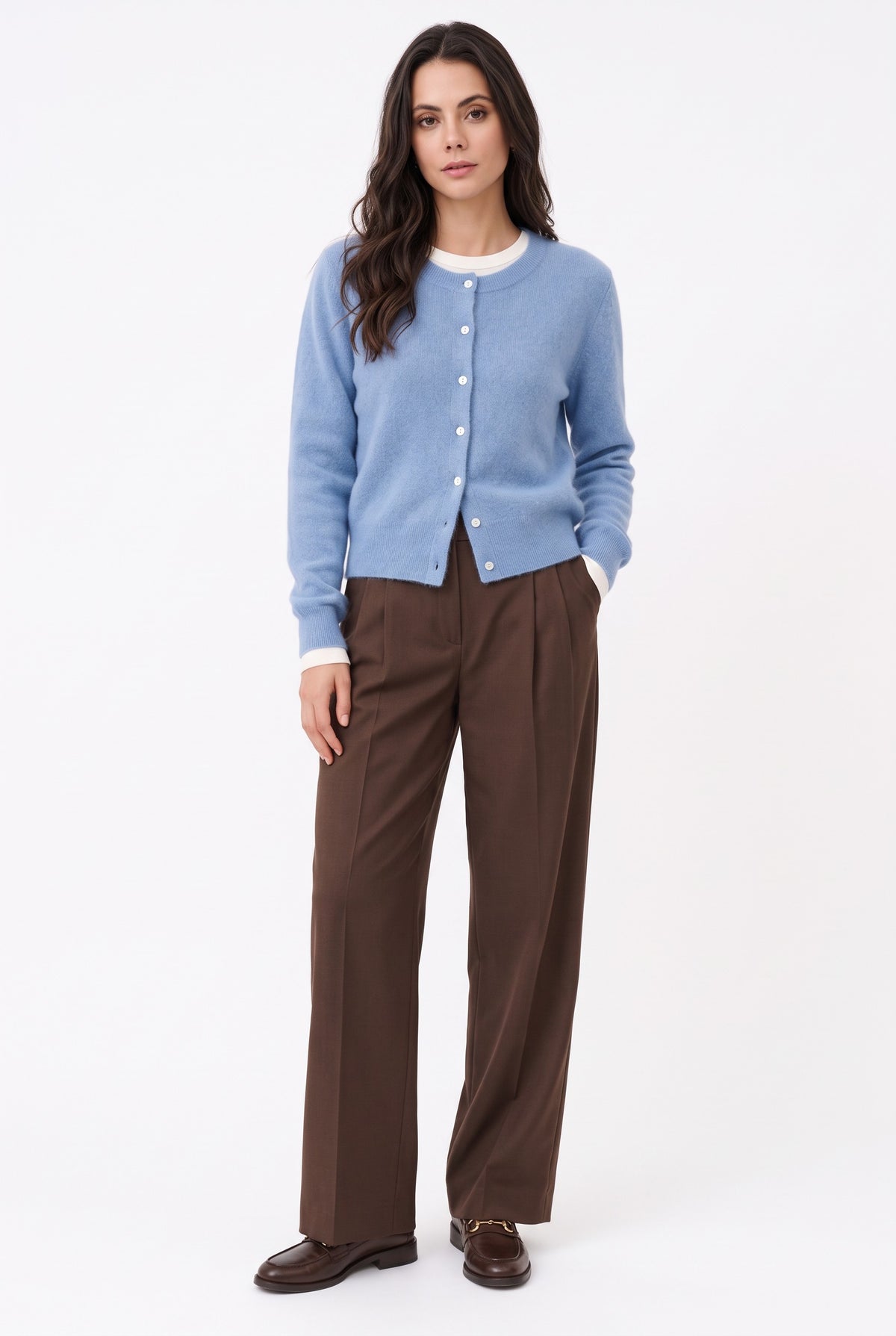 Two-tone, double-neck cardigan with long sleeves – Sky blue – Assuili