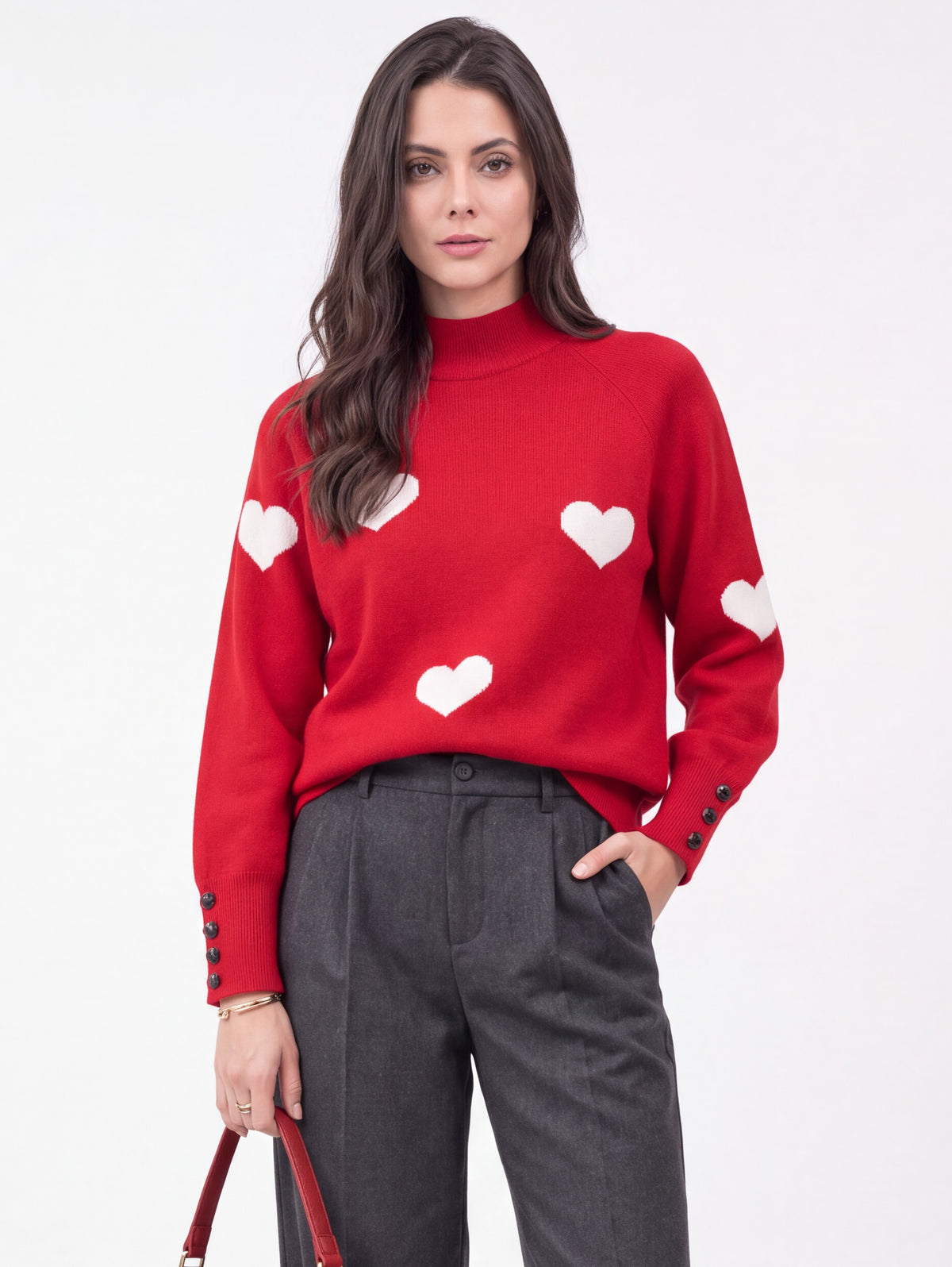 Pull col montant oversize motif cœur – Blanc cassé – Assuili