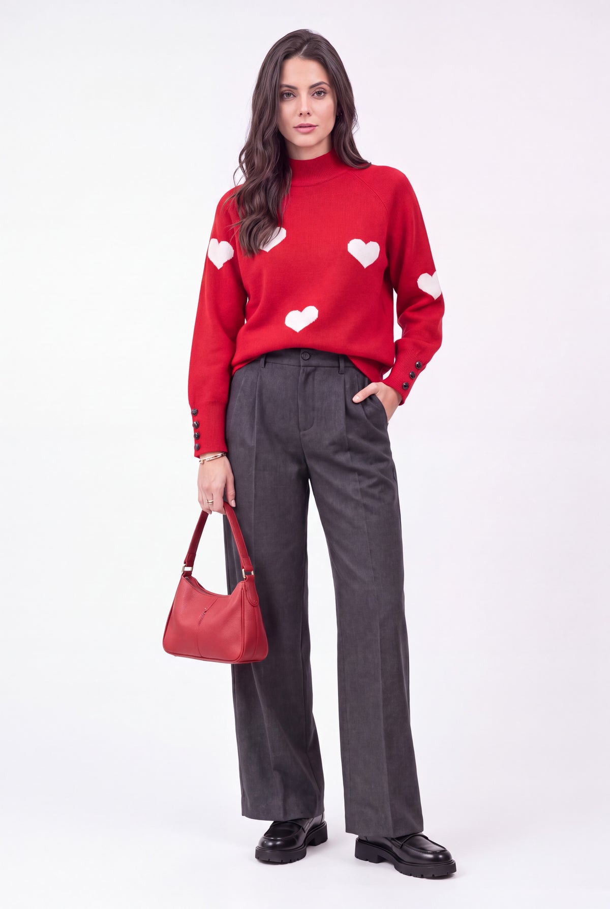 Pull col montant oversize motif cœur – Blanc cassé – Assuili