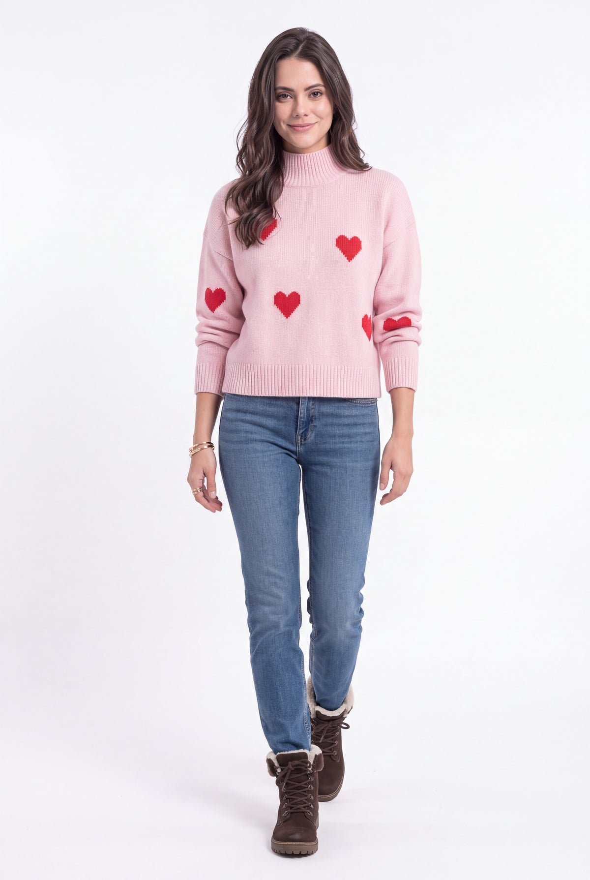 Pull col montant oversize motif cœur – Vieux rose – Assuili