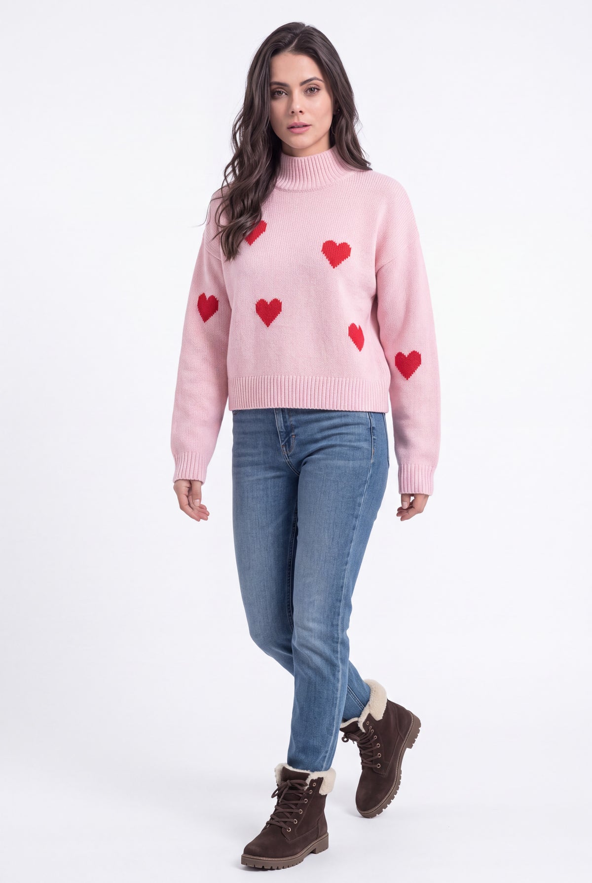Pull col montant oversize motif cœur – Vieux rose – Assuili