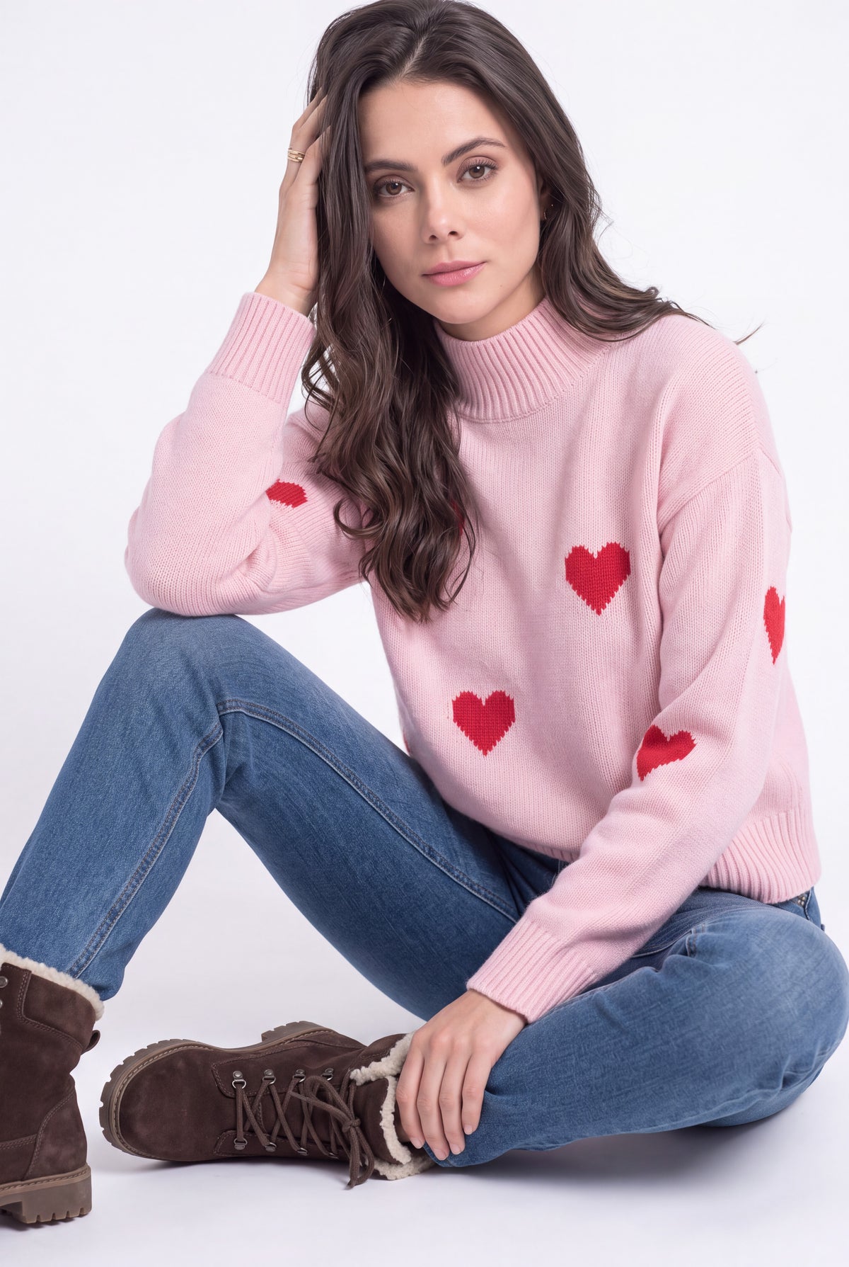 Pull col montant oversize motif cœur – Vieux rose – Assuili