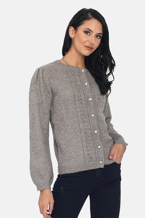 ROUND COLLAR CARDIGAN WITH SLIGHTLY PUFFY SLEEVES AND FRONT RIBBING