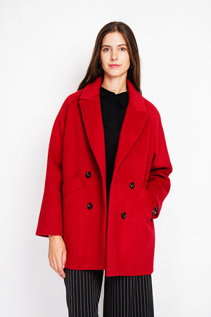 Oversized double-breasted coat with long sleeves and pockets, lined with print