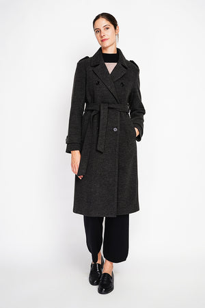 Long lined coat with tailored collar belt and pockets Lined back slit.