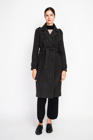 Long lined coat with tailored collar belt and pockets Lined back slit.