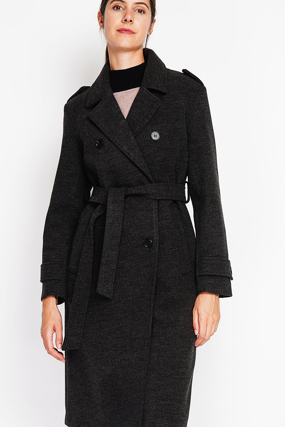 Long lined coat with tailored collar belt and pockets Lined back slit.
