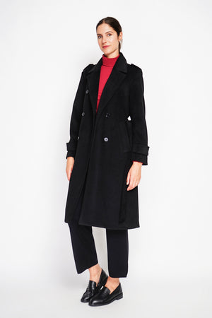 Long lined coat with tailored collar belt and pockets Lined back slit.