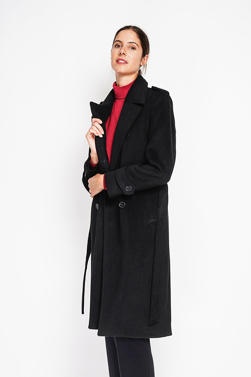 Manteau long ceinturé col tailleur – Noir – Assuili