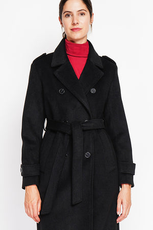 Long lined coat with tailored collar belt and pockets Lined back slit.
