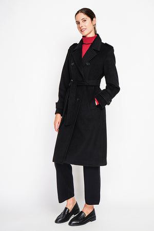 Long lined coat with tailored collar belt and pockets Lined back slit.