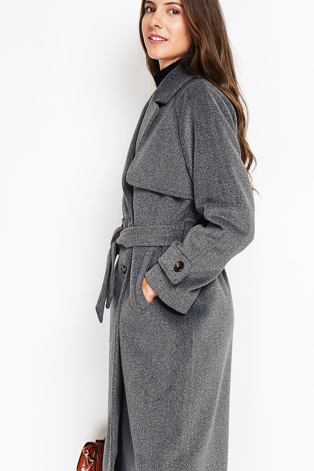 Manteau long oversize croisé à poches – Gris foncé – Assuili