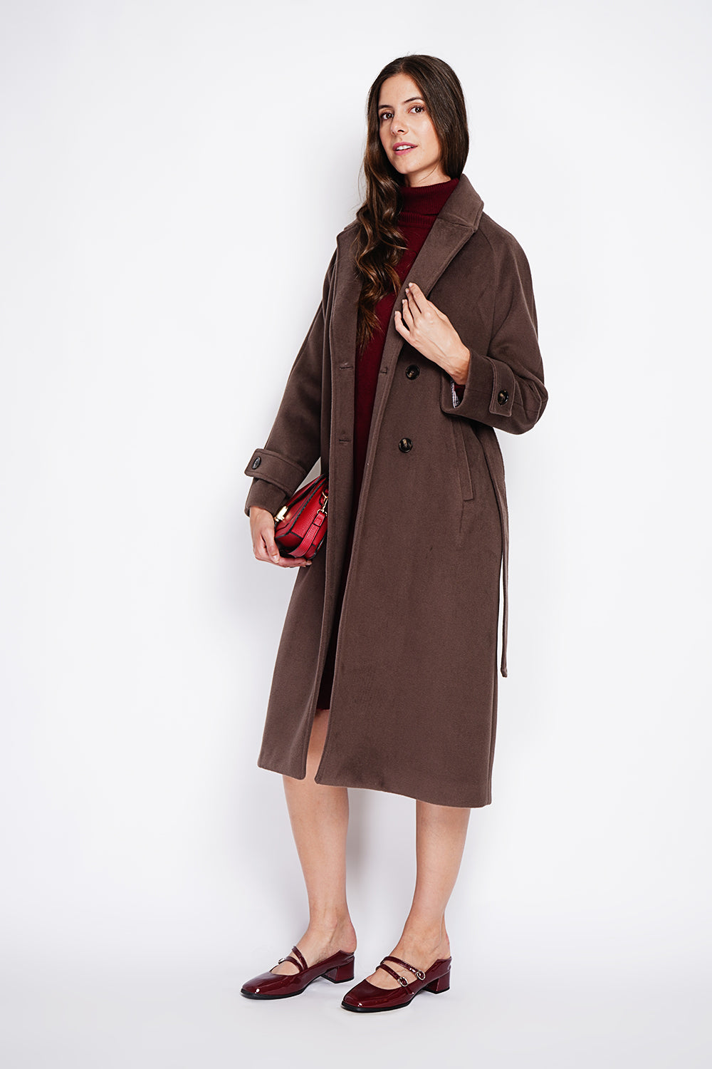 Manteau long oversize croisé à poches – Marron – Assuili
