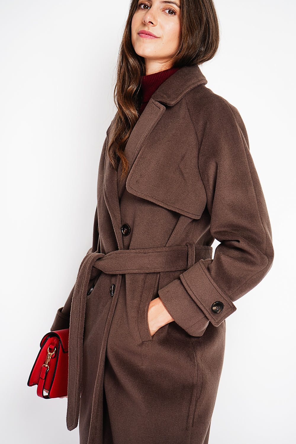 Manteau long oversize croisé à poches – Marron – Assuili