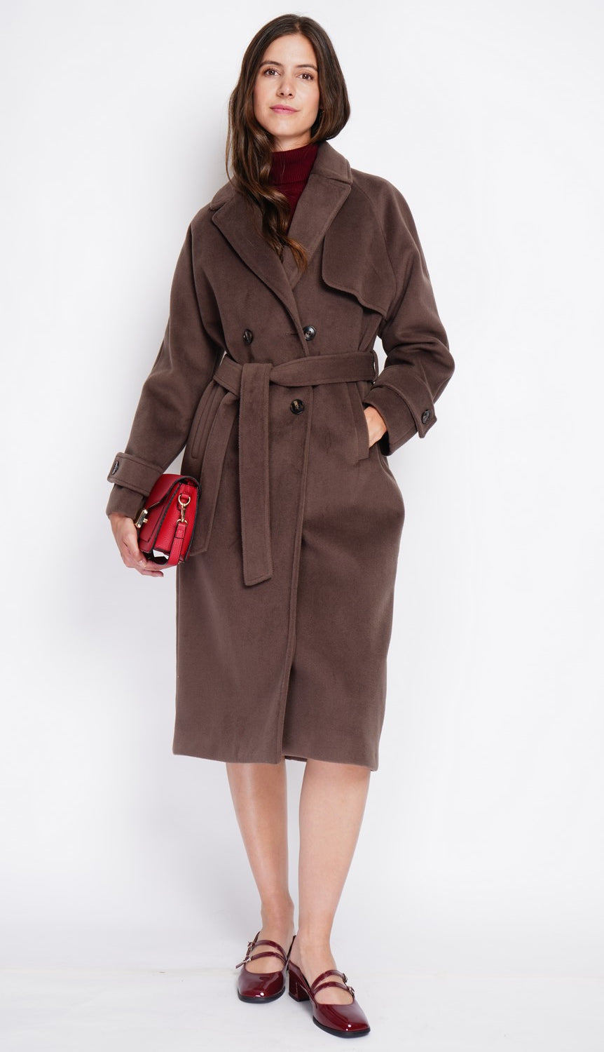Manteau long oversize croisé à poches – Marron – Assuili