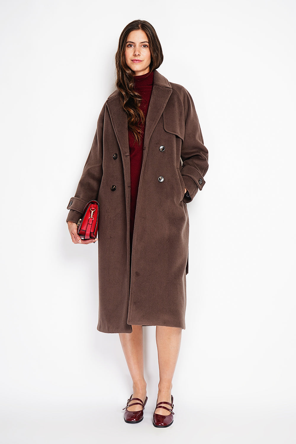 Manteau long oversize croisé à poches – Marron – Assuili