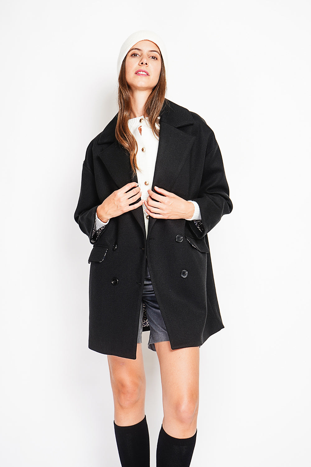 Manteau oversize croisé doublure léopard – Noir – Assuili