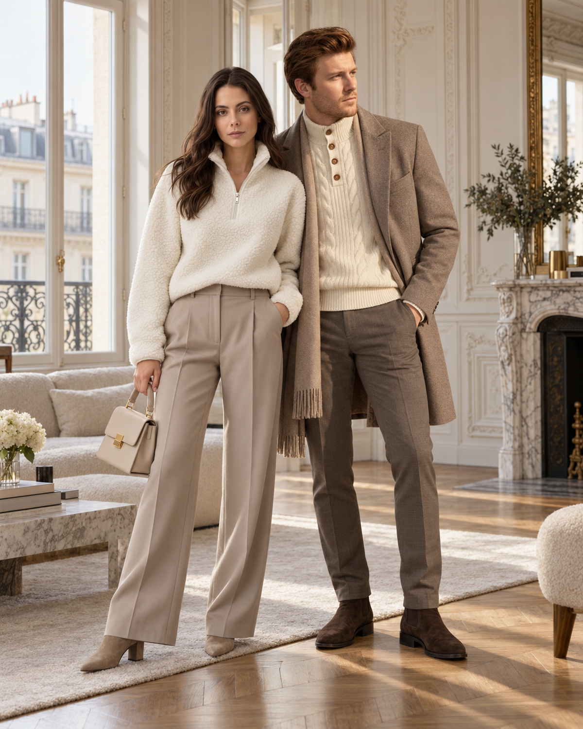 Couple in knitwear in a Parisian apartment