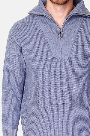 Fancy knit zipped trucker neck sweater with long sleeves