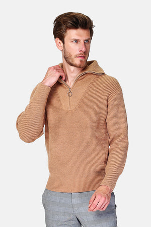 Fancy knit zipped trucker neck sweater with long sleeves