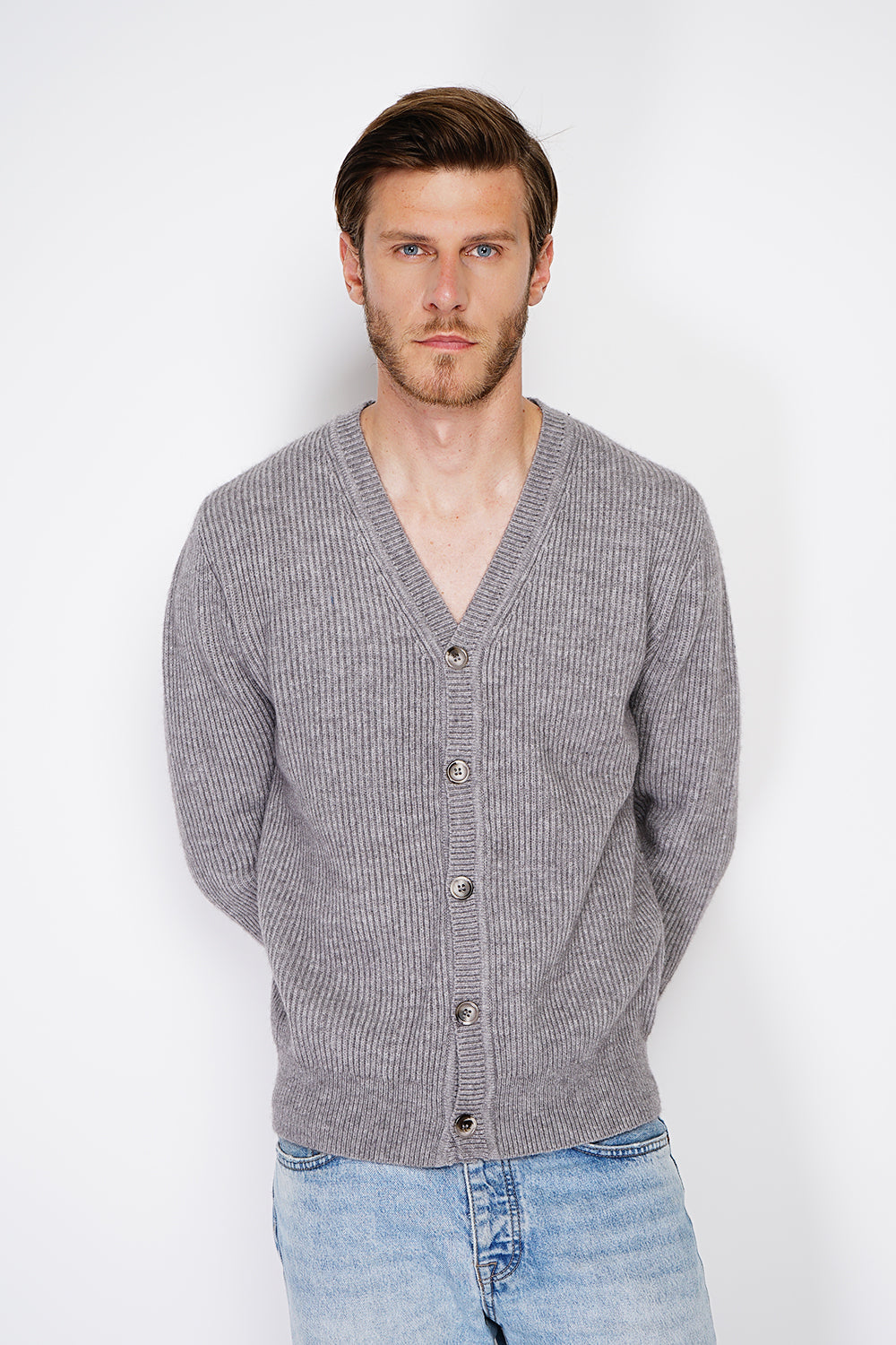 Wide ribbed crew neck long sleeve cardigan