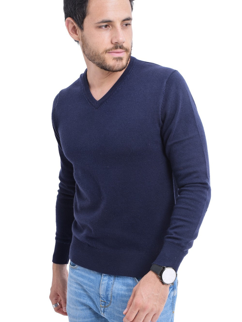 Classic V-neck sweater with long sleeves knitting in 2 threads