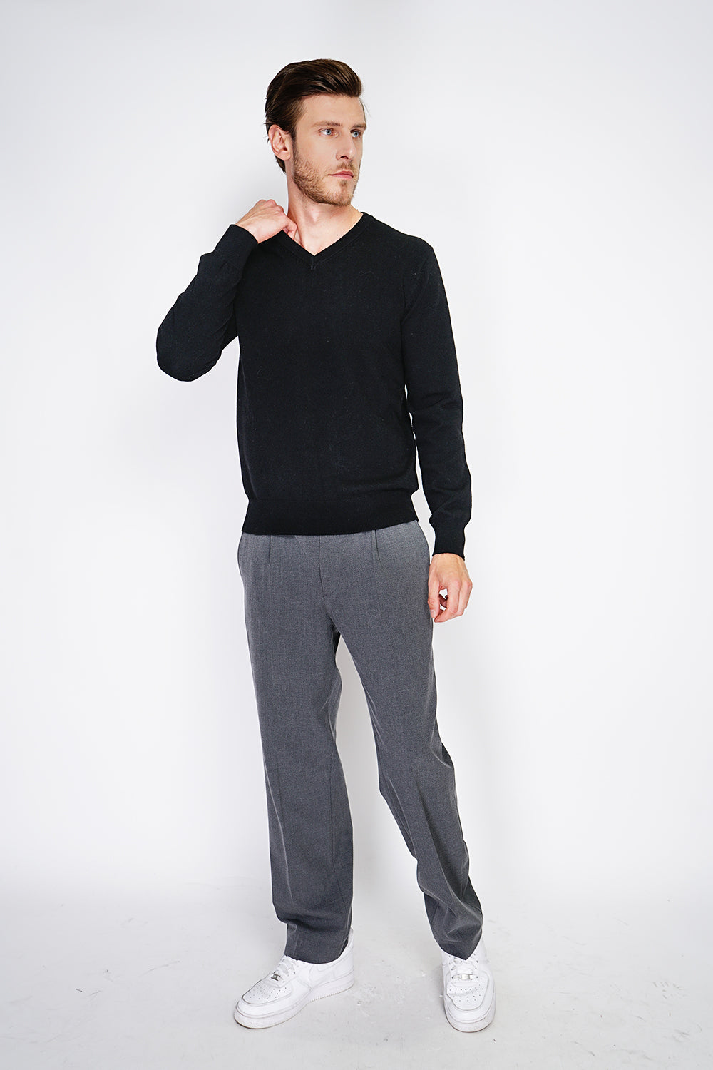 Classic V-neck sweater with long sleeves knitting in 2 threads