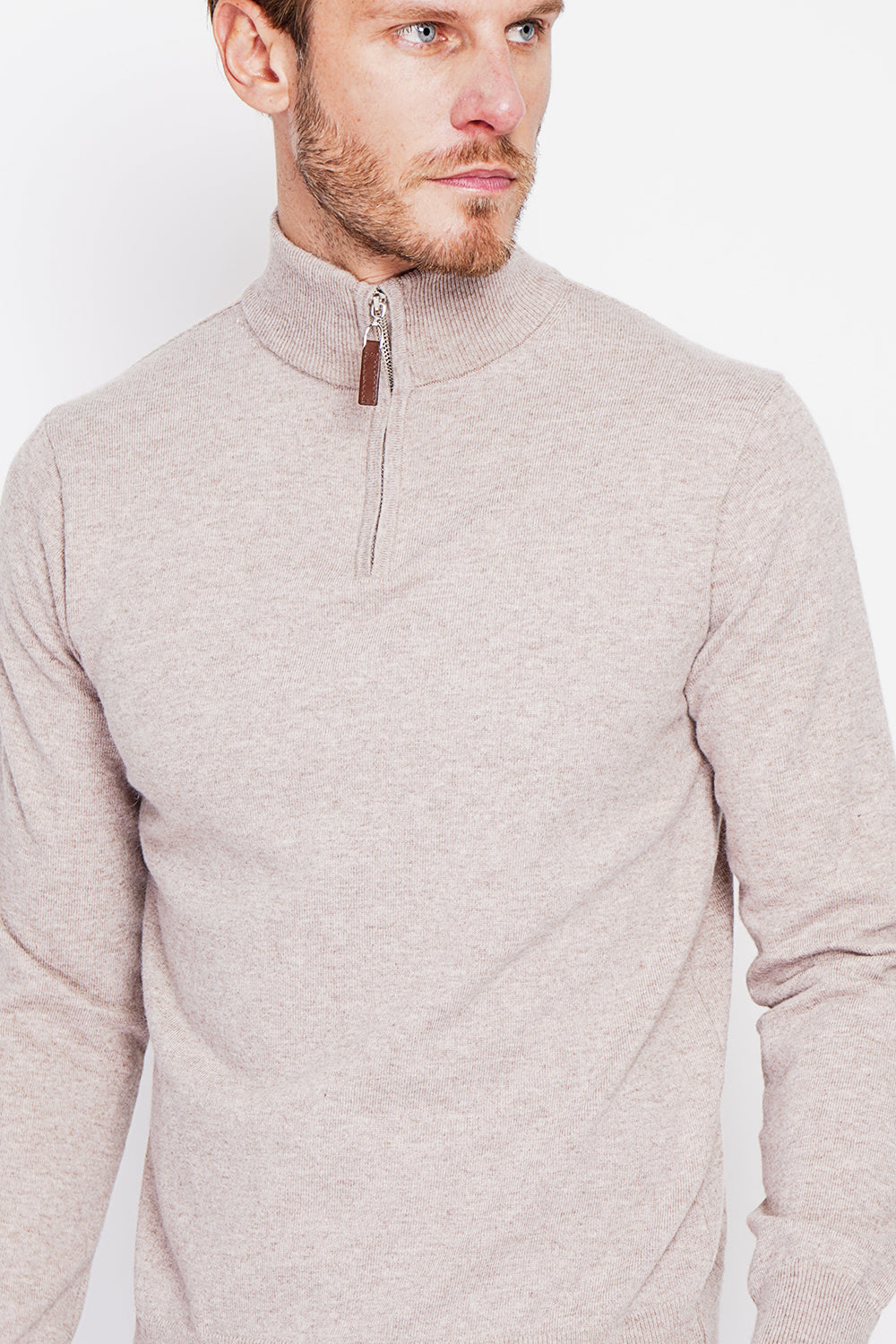 Zipped trucker neck sweater with long sleeves knitting in 2 threads