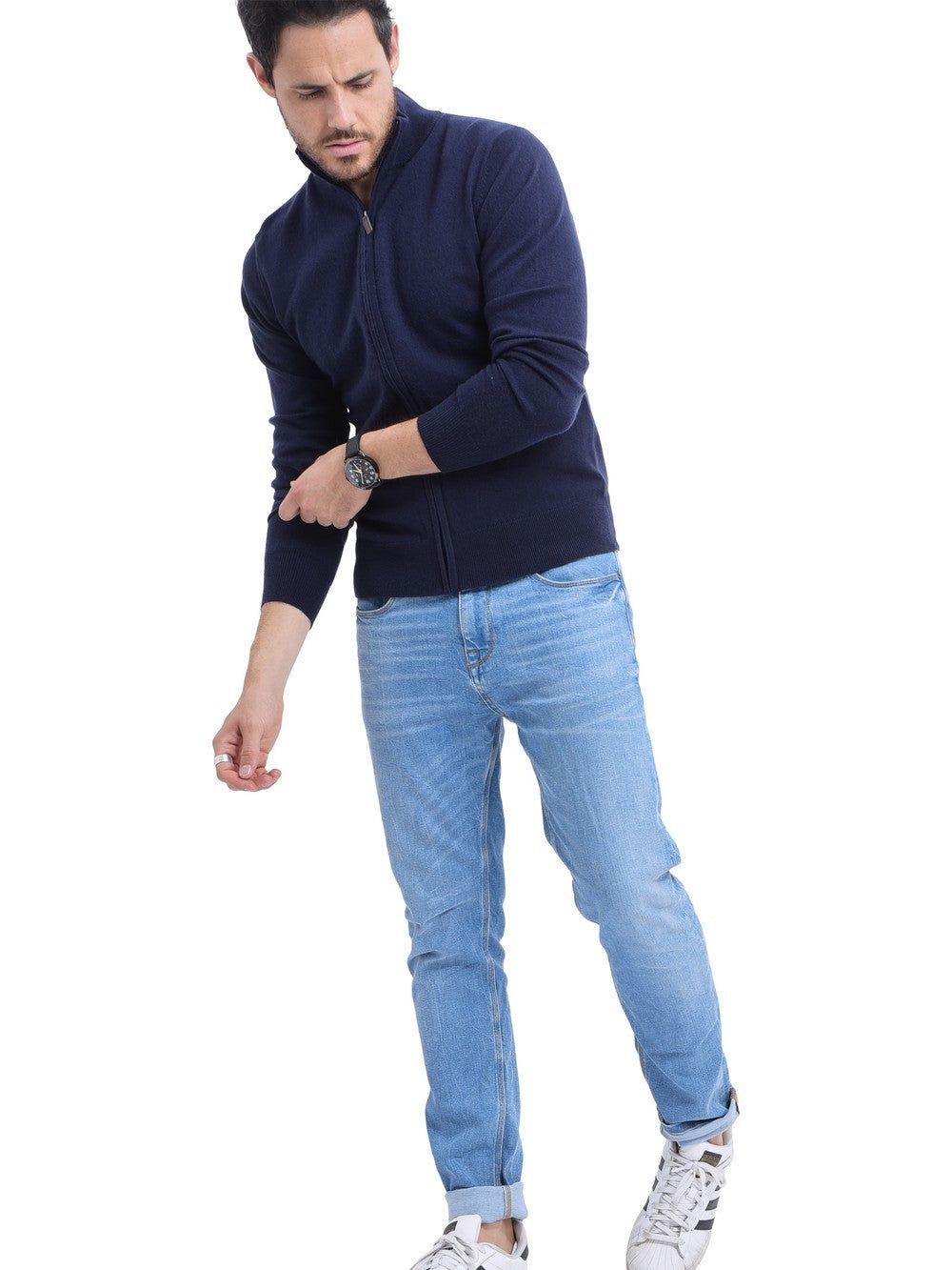 Classic long-sleeved zipped cardigan 2-ply knit