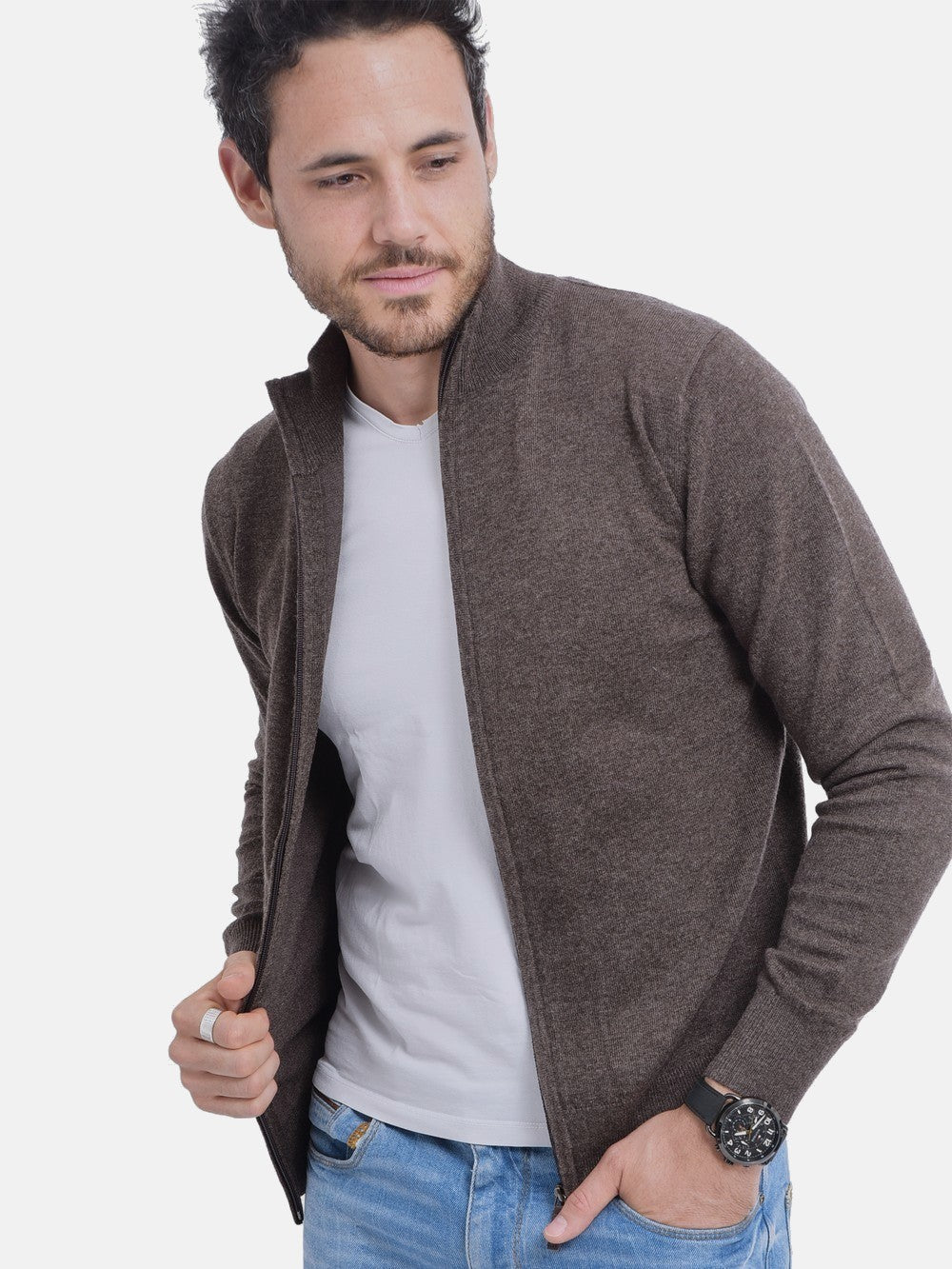 Classic long-sleeved zipped cardigan 2-ply knit
