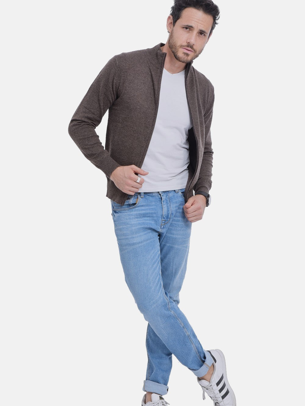 Classic long-sleeved zipped cardigan 2-ply knit