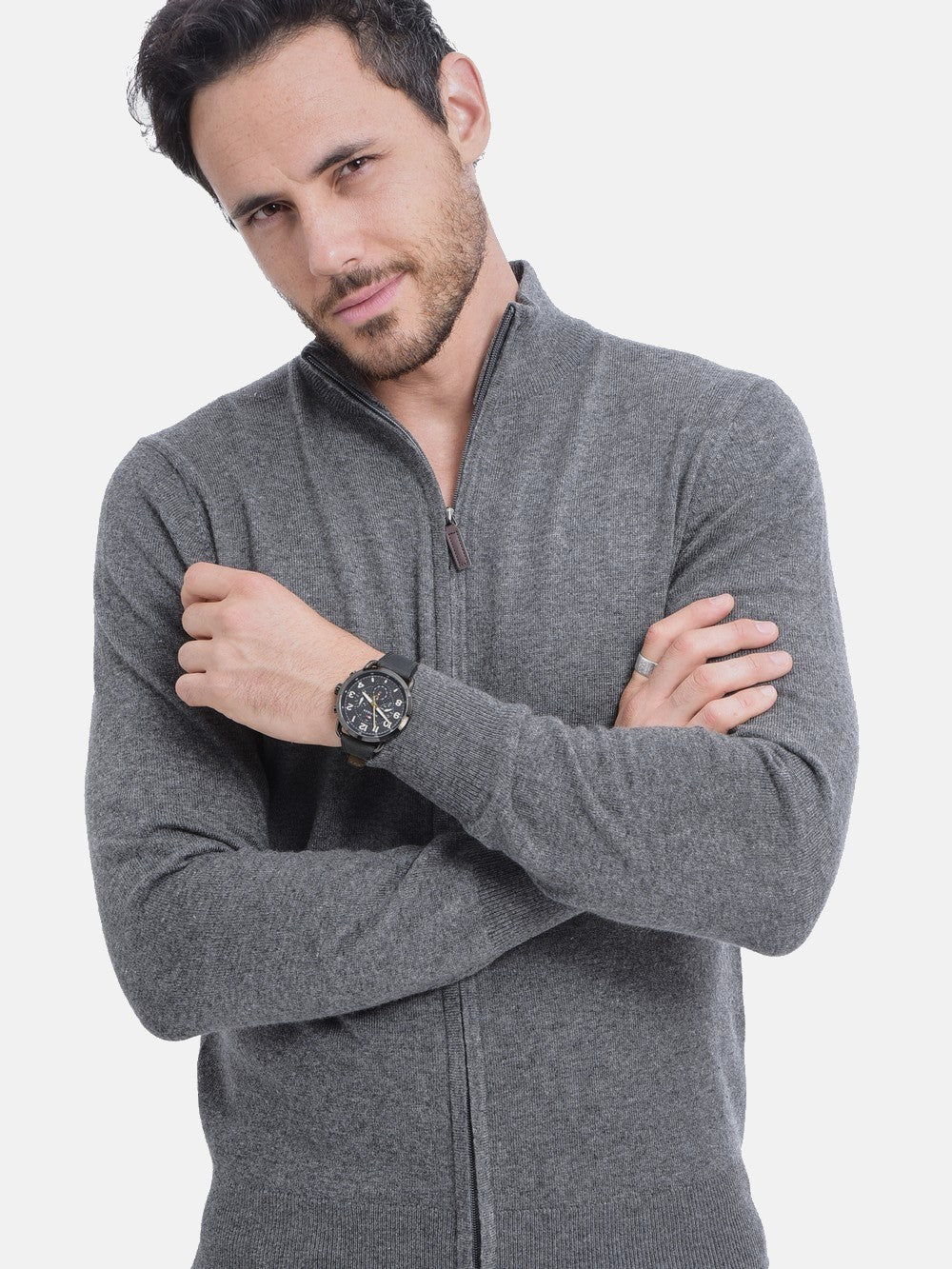 Classic long-sleeved zipped cardigan 2-ply knit