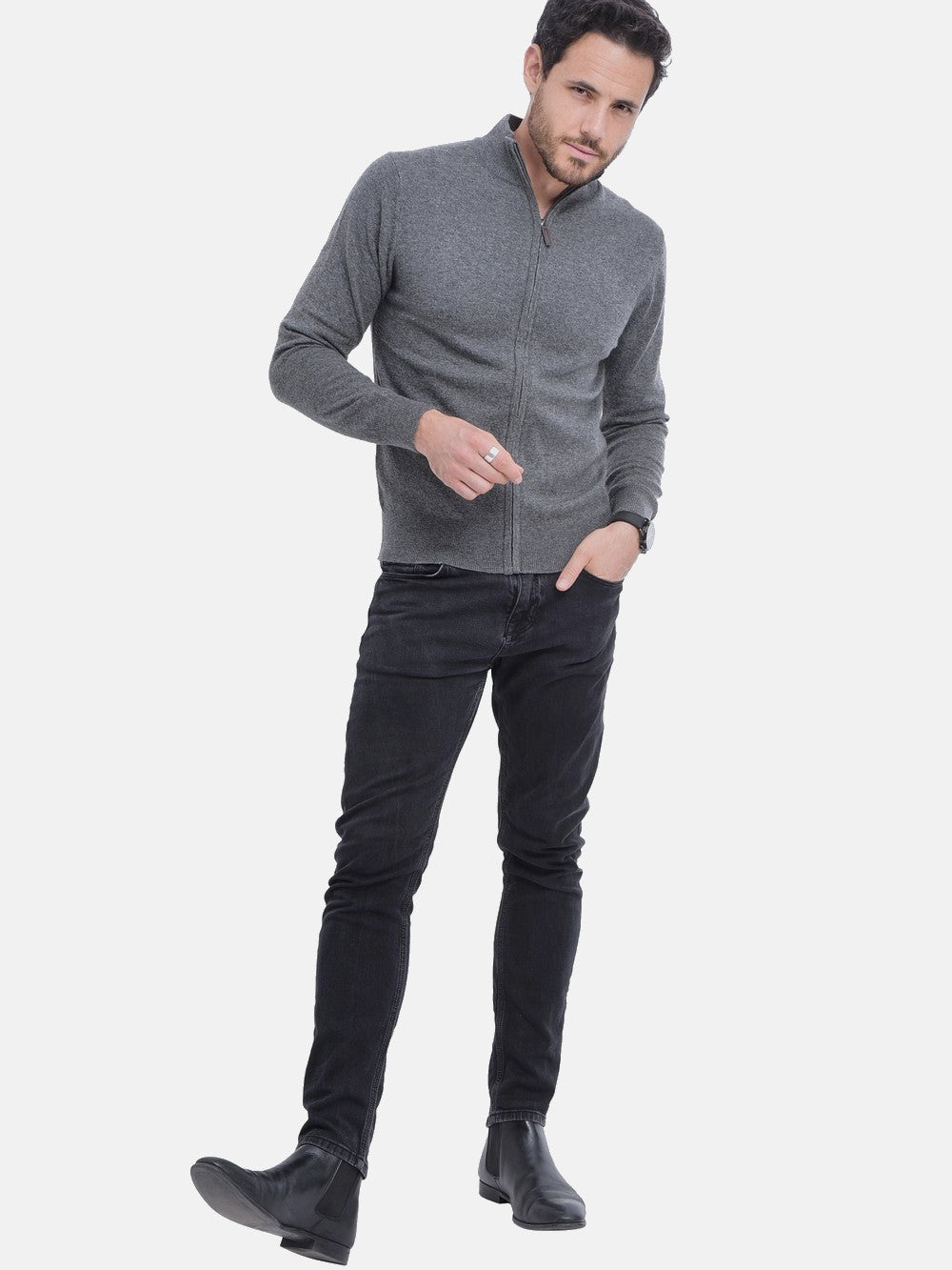 Classic long-sleeved zipped cardigan 2-ply knit