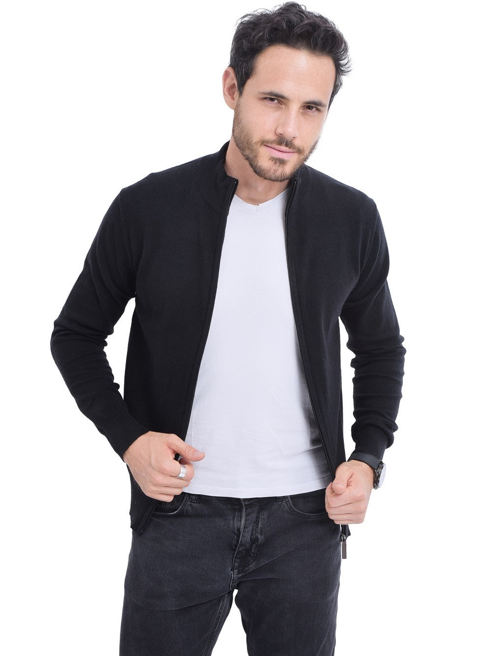 Classic long-sleeved zipped cardigan 2-ply knit