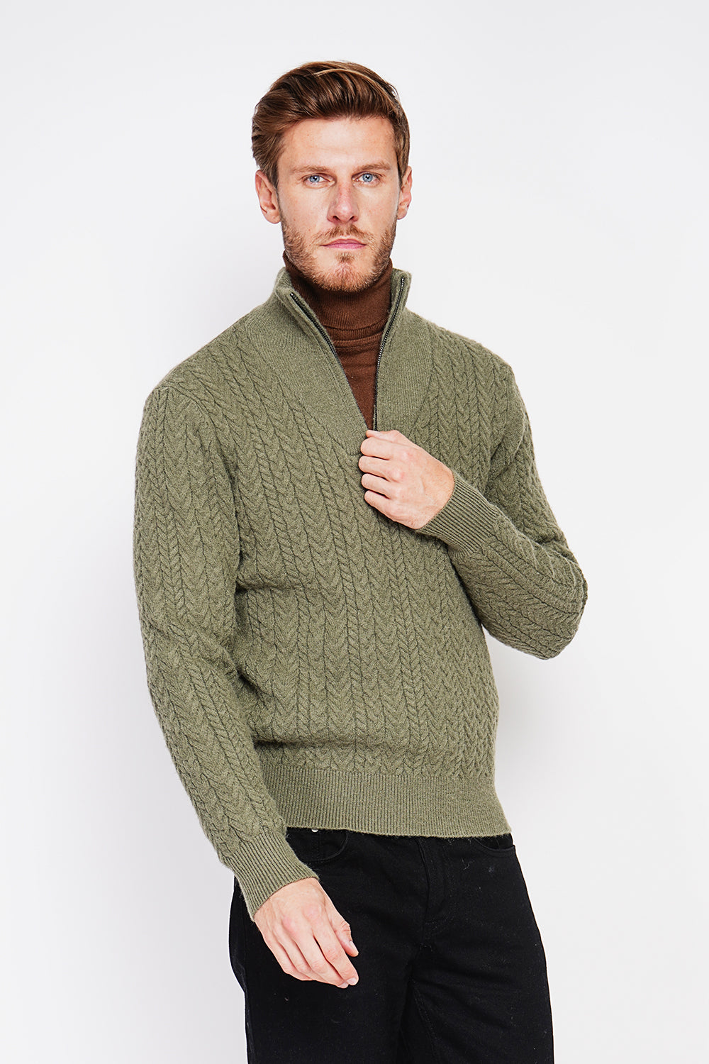Pull col camionneur zippé maille fantaisie – Kaki – C&Jo