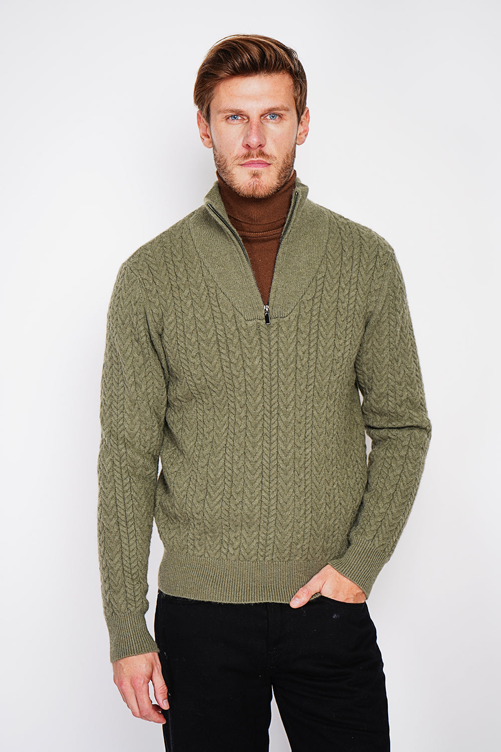Pull col camionneur zippé maille fantaisie – Kaki – C&Jo