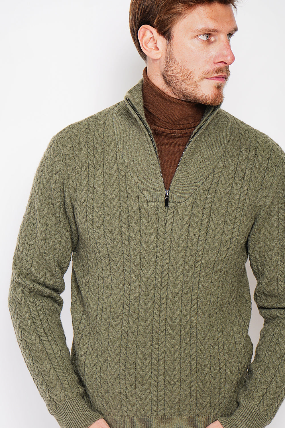 Fancy knit zipped trucker neck sweater with long sleeves