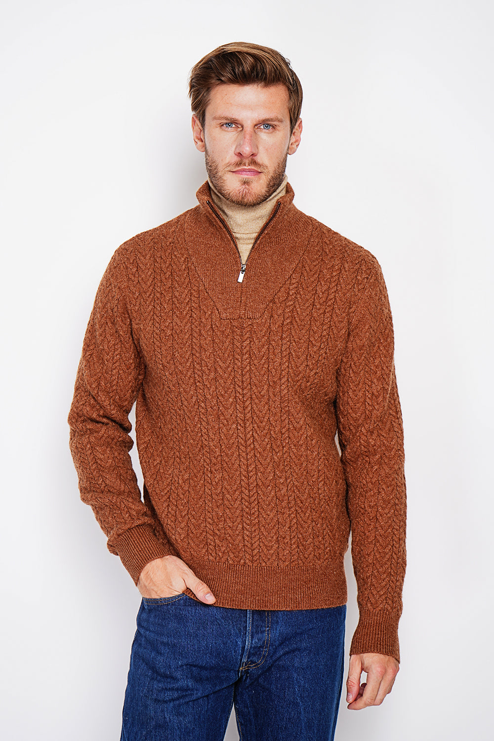 Fancy knit zipped trucker neck sweater with long sleeves