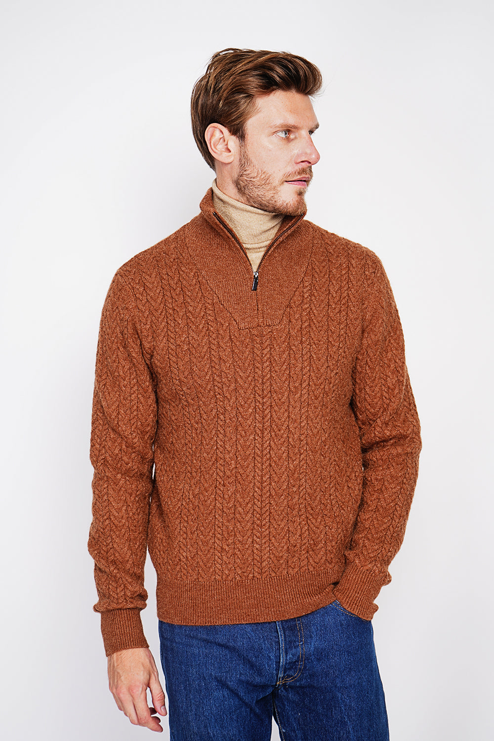 Fancy knit zipped trucker neck sweater with long sleeves