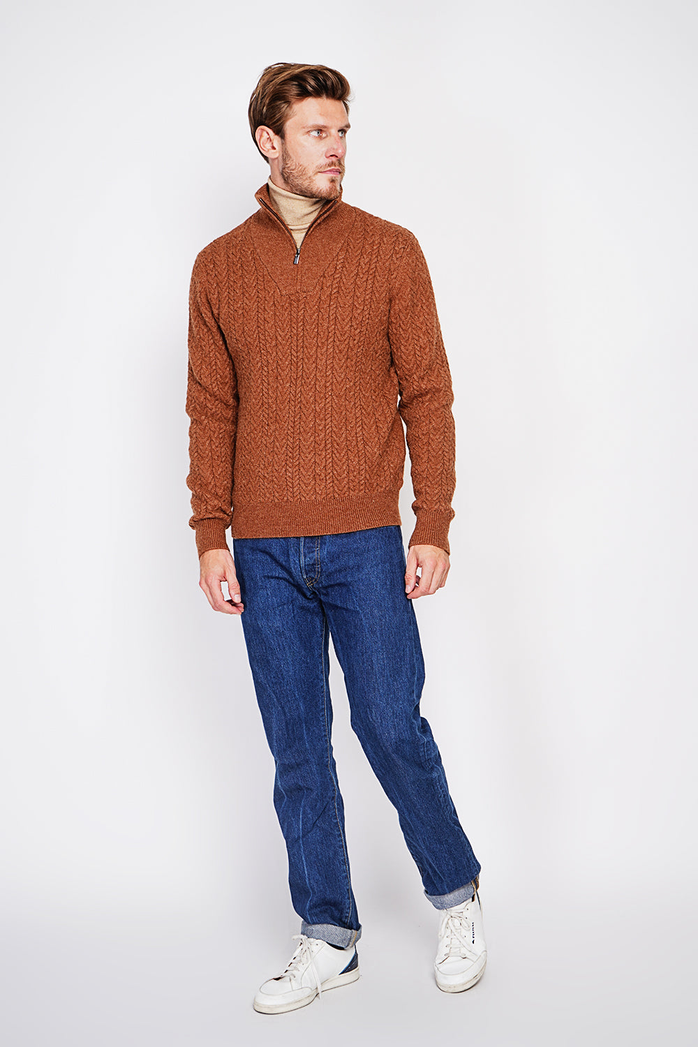 Fancy knit zipped trucker neck sweater with long sleeves