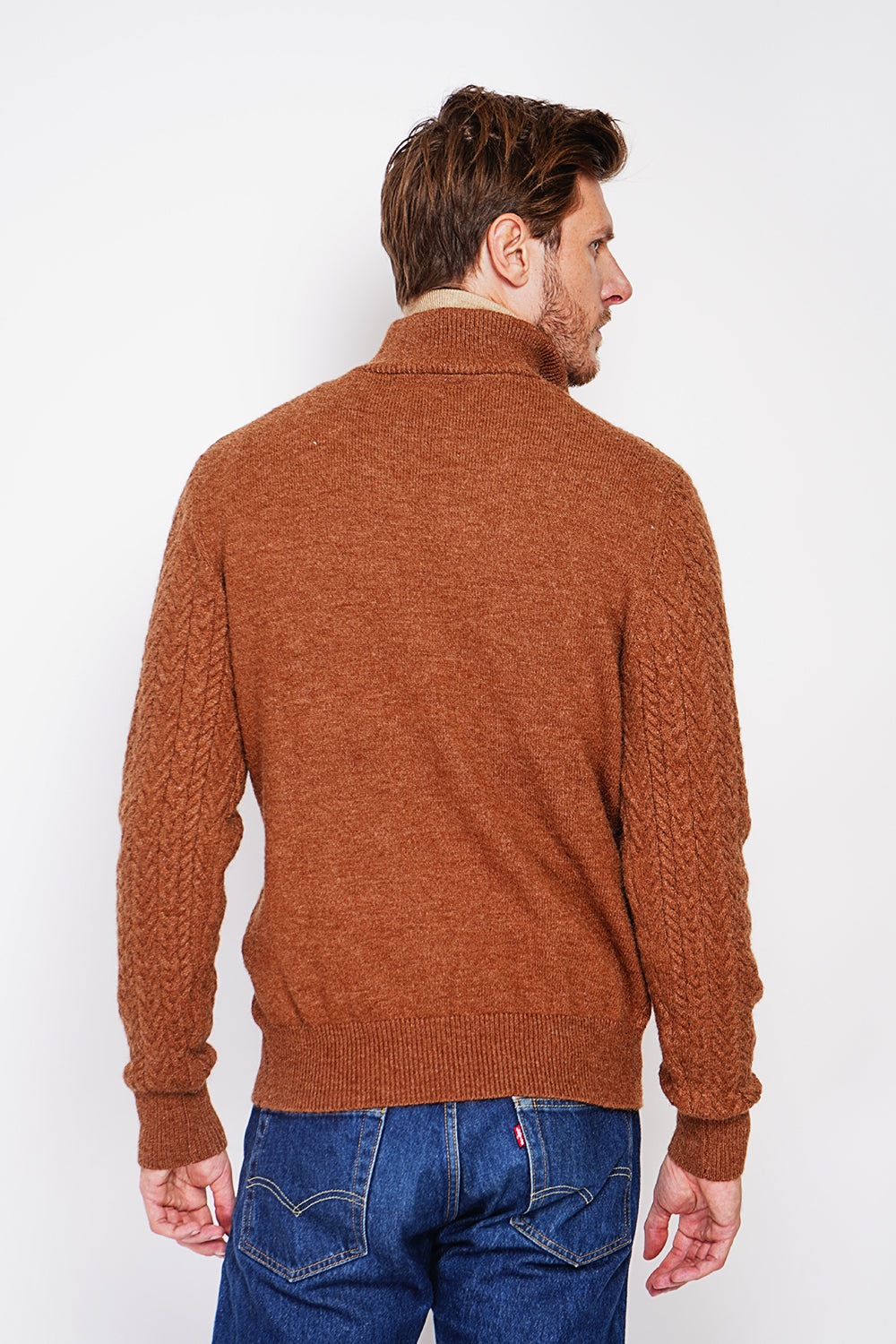 Fancy knit zipped trucker neck sweater with long sleeves