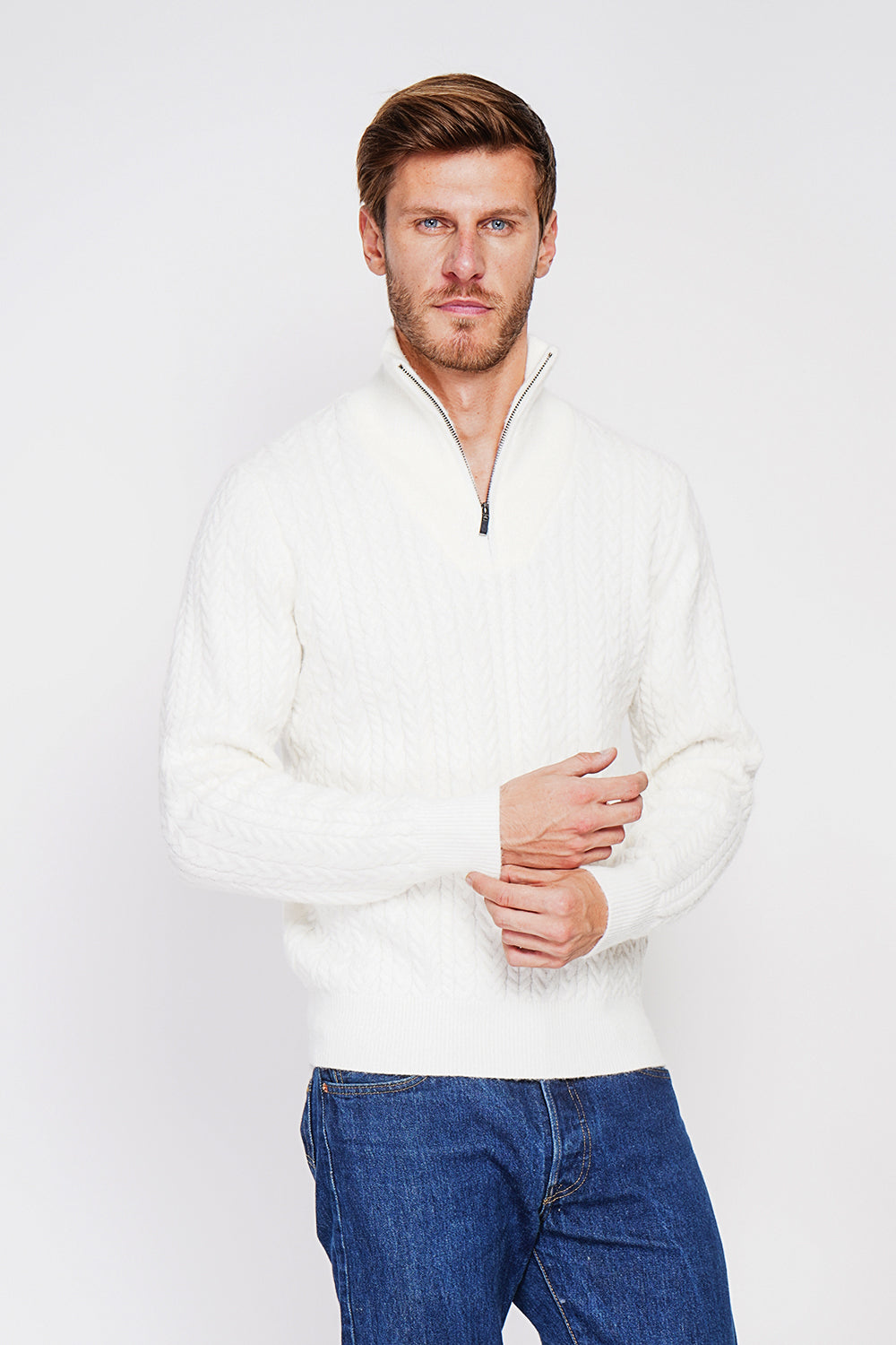 Pull col camionneur zippé maille fantaisie – Blanc cassé – C&Jo