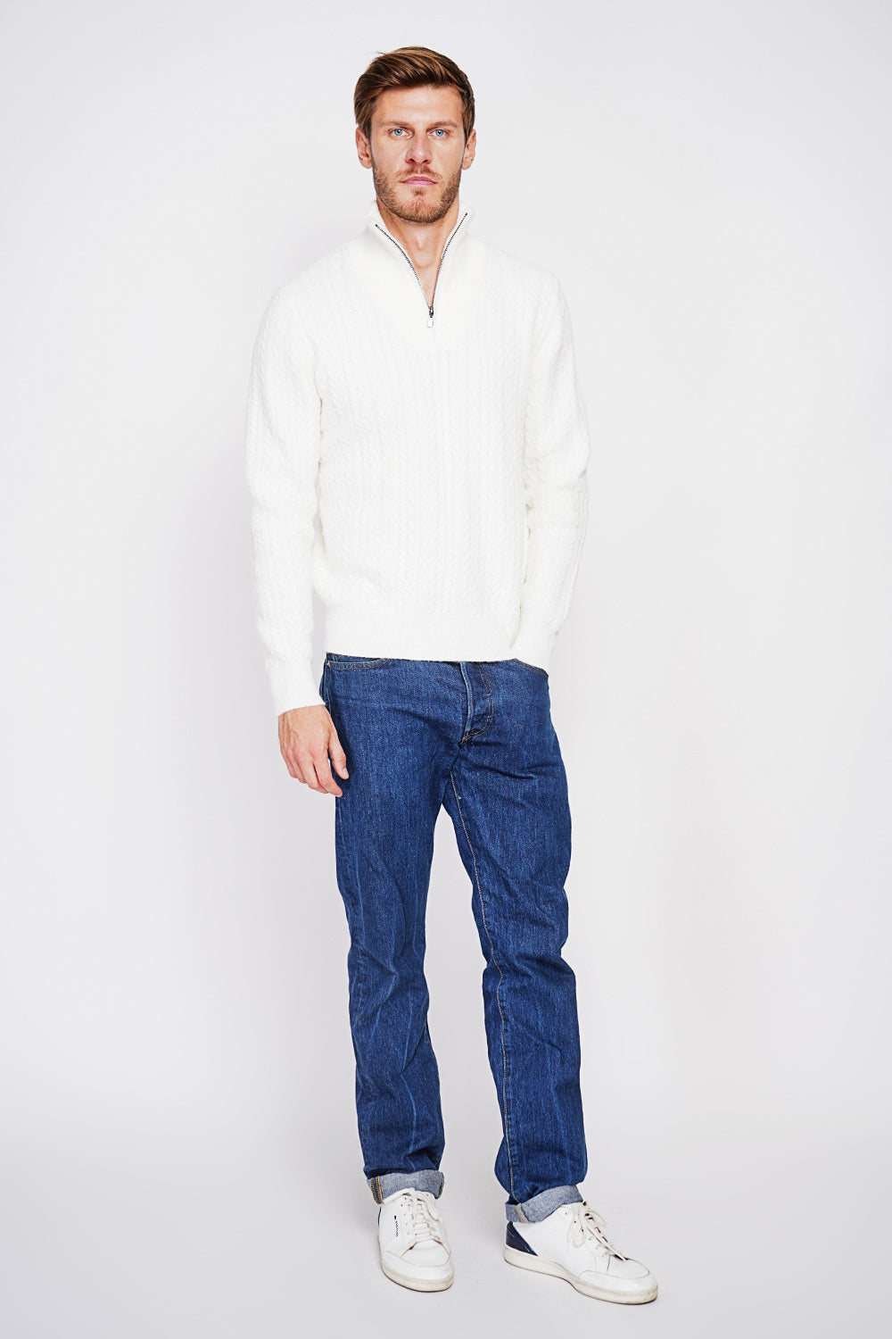 Fancy knit zipped trucker neck sweater with long sleeves