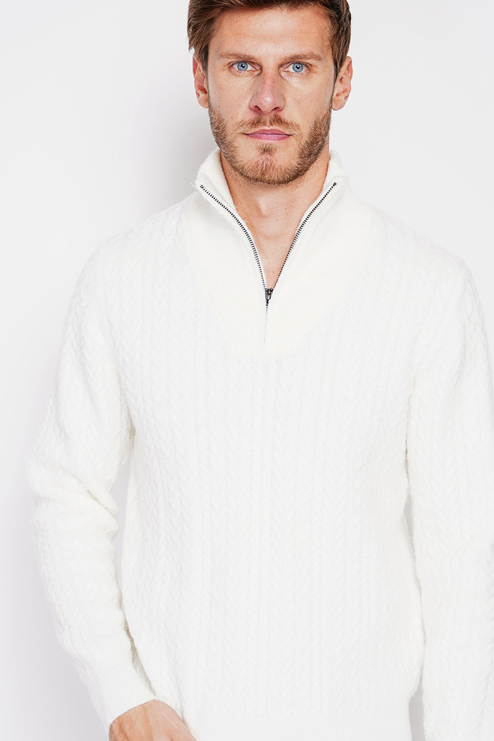 Pull col camionneur zippé maille fantaisie – Blanc cassé – C&Jo